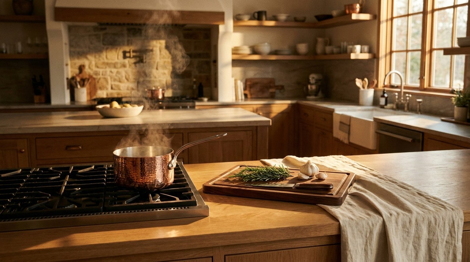 Premium kitchen essentials on warm oak